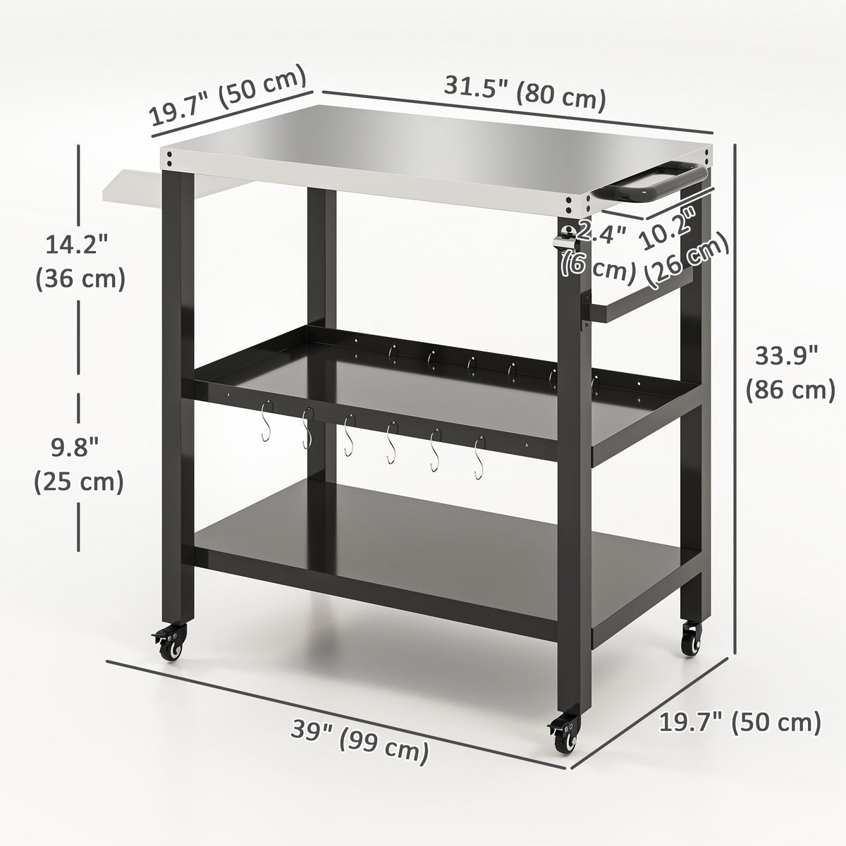 Outdoor Kitchen Bar Cart BBQ Table with Wheels, Stainless Steel Pizza Oven Stand, Movable Prep Table with Hooks