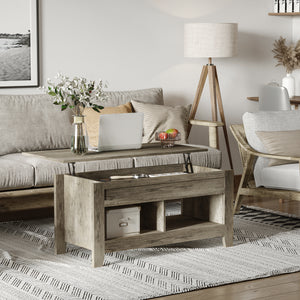 Lift Top Coffee Table with Hidden Storage Compartment and Open Shelves, Lift Tabletop Pop-Up Center Table for Living Room, Dark Walnut
