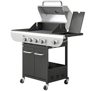 4 Burner Propane Gas Grill with Side Burner, 53,000 BTU BBQ Grill with Cast Iron Grates, Wheels, Warming Rack, Cabinet