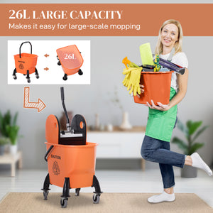 6.9 Gal/26L Mop Bucket, Mop Bucket with Wringer, Wheels and Handle, Orange