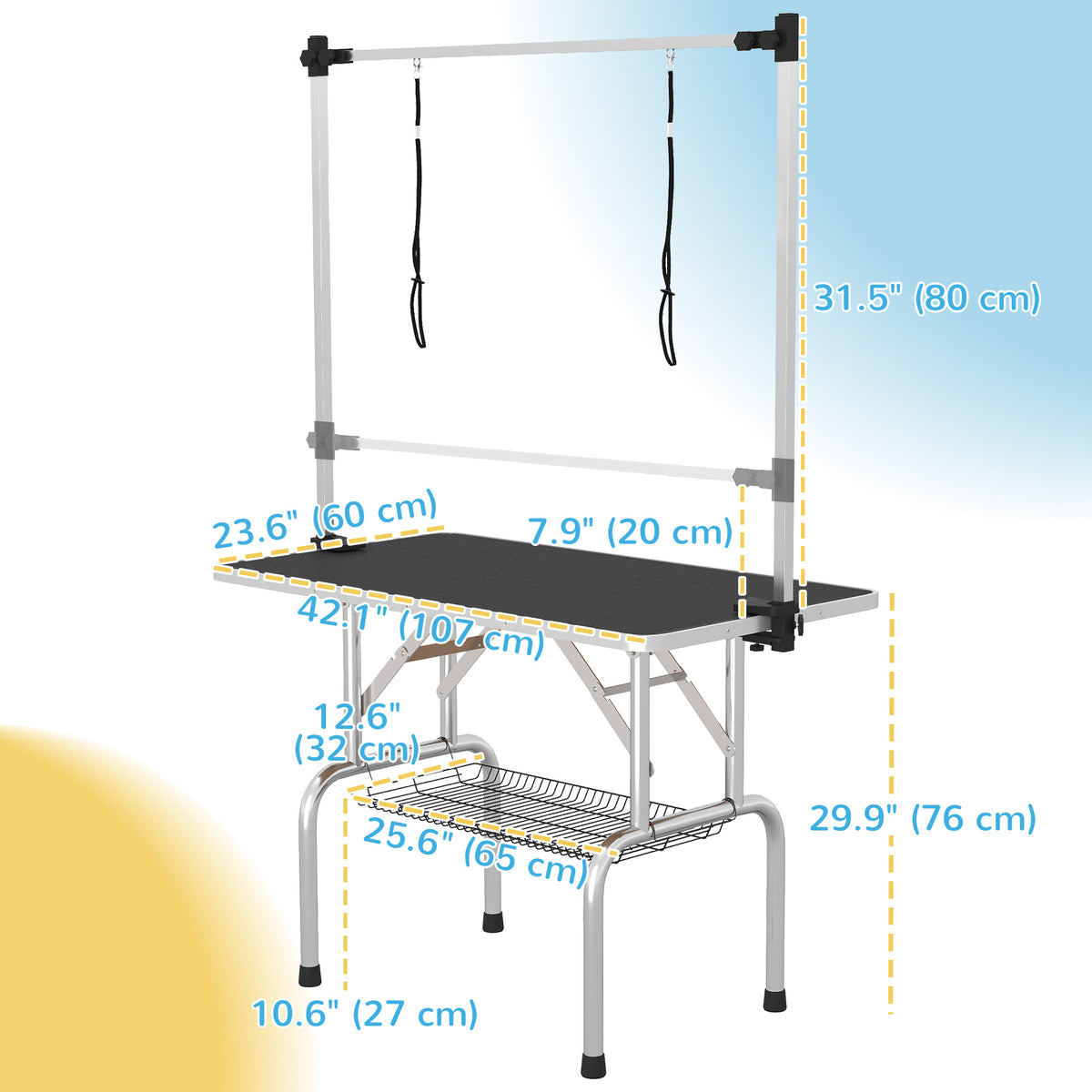 Adjustable Dog Grooming Table with 2 Safety Slings, Storage Basket, Black – view 2