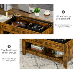 Lift Top Coffee Table with Hidden Storage Compartment and Open Shelves, Lift Tabletop Pop-Up Center Table for Living Room, Dark Walnut