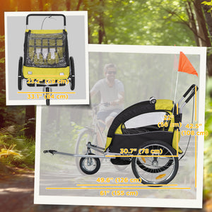 Aosom 2-in-1 Bike Trailer for Kids, Foldable 2-Seat Baby Stroller with 5-Point Harness, Rubber Wheels, Storage Bag