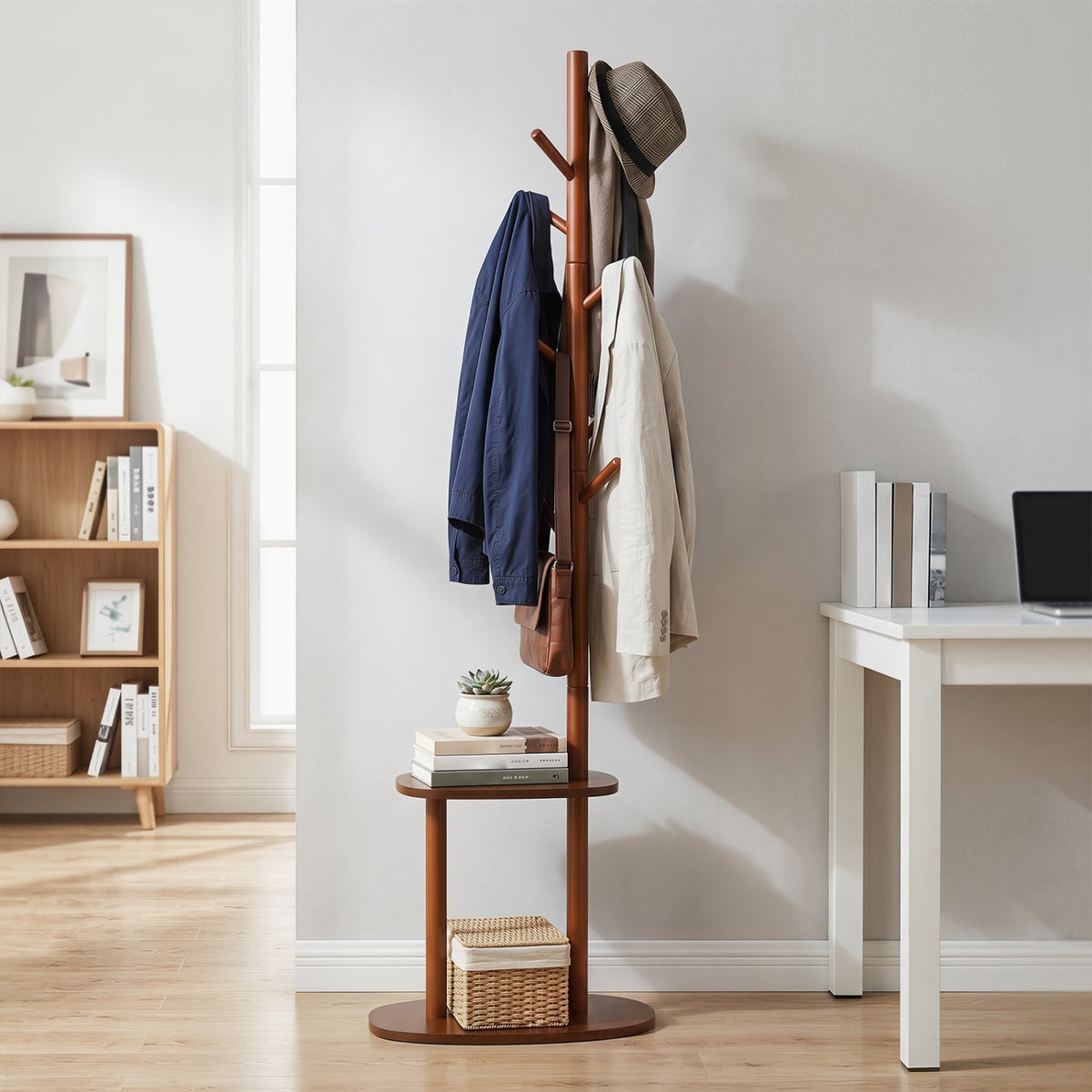 Coat Rack with 8 Rubber Wood Hooks and 2 Storage Shelves-Walnut view 2
