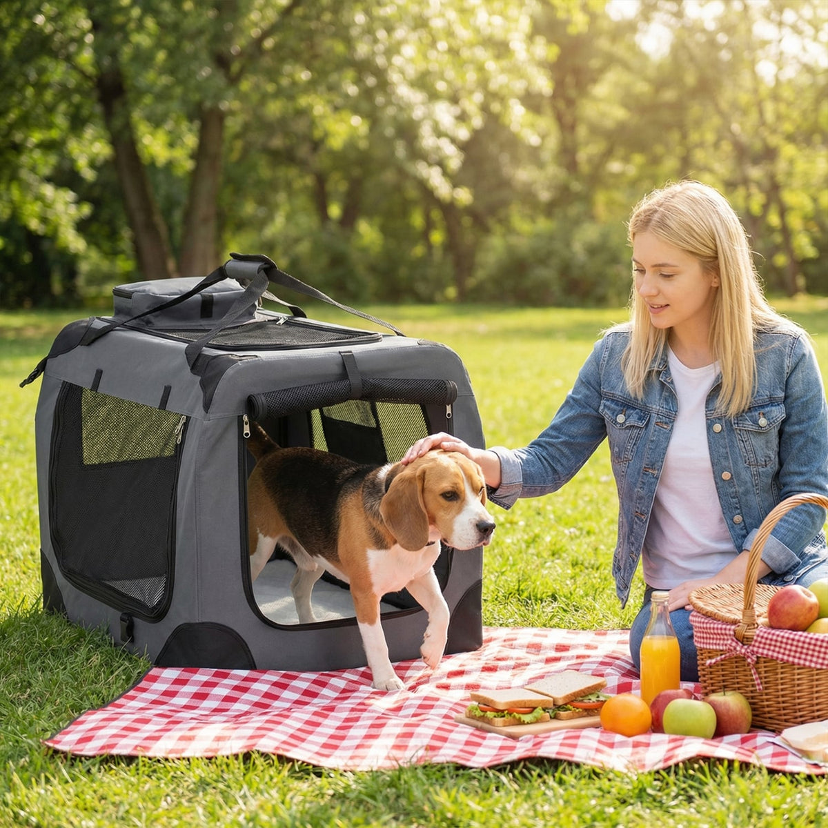 Collapsible Soft Dog Crate Travel Crate with Mesh Windows and 3 Doors-M view 2