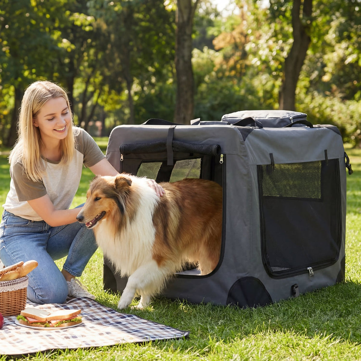 Collapsible Soft Dog Crate Travel Crate with Mesh Windows and 3 Doors-XL view 2