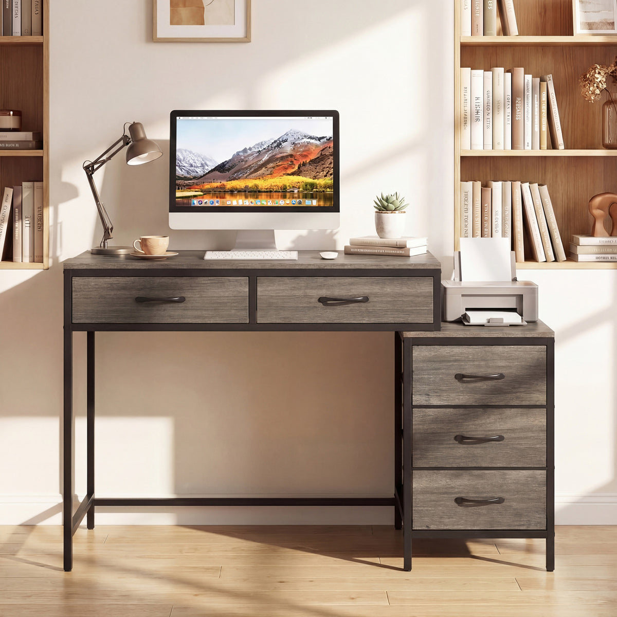 Computer Desk with 5 Drawers and Printer Stand for Bedroom and Small Spaces-Oak view 2