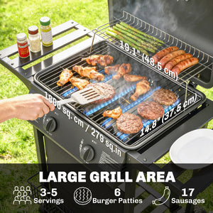 2-Burner Propane Gas Grill, 18000 BTU BBQ Grill with Wheels, Warming Rack, Shelf, Thermometer, Grease Cup, Black