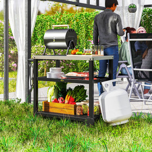 3-Shelf Outdoor Grill Dining Cart Pizza Oven Stand with Stainless Steel Top, Movable BBQ Food Prep Table Outdoor Kitchen Island with Hooks Wheels Handle, Charcoal Grey
