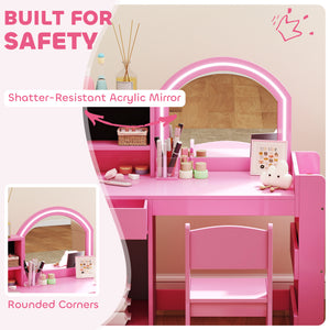 Qaba Kids Vanity Set, Toddler Dressing Table and Chair Set with Lighted Mirror, Cabinet, Drawer and Shelves