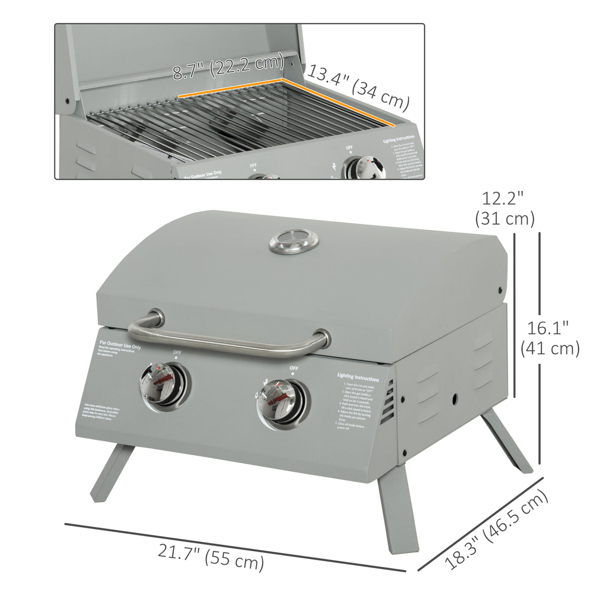 2 Burner Propane Gas Grill, Portable Tabletop BBQ with Foldable Legs, Lid, for Camping, Picnic, Silver – view 2