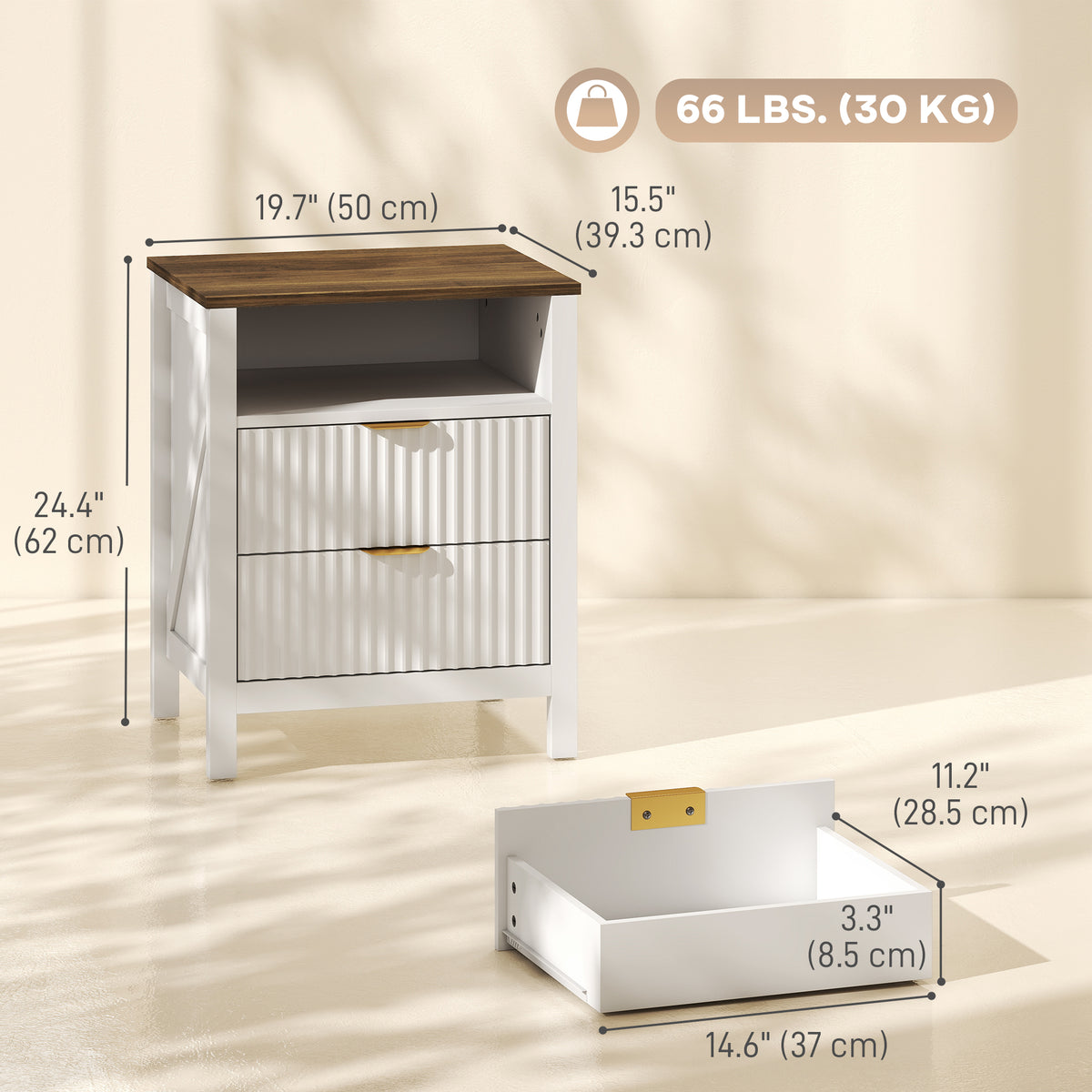 Modern Nightstand with 2 Fluted Drawers, Bedside Table with Open Storage Shelf, Anti-tipping Design, White and Walnut