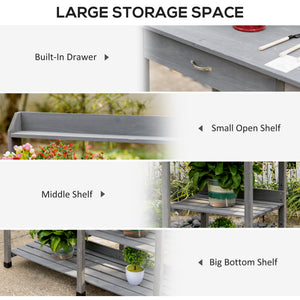 Potting Bench Table Garden Work Bench Workstation with Drawer, Removable Sink, Storage Shelves and Hooks for Patio, Courtyards, Balcony