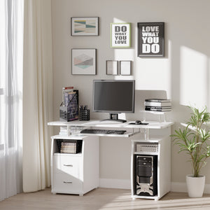 Computer Desk with Keyboard Tray, Home Office Desk with Drawers, CPU Stand, Printer Stand and Open Shelves, Writing Workstation for Study, White