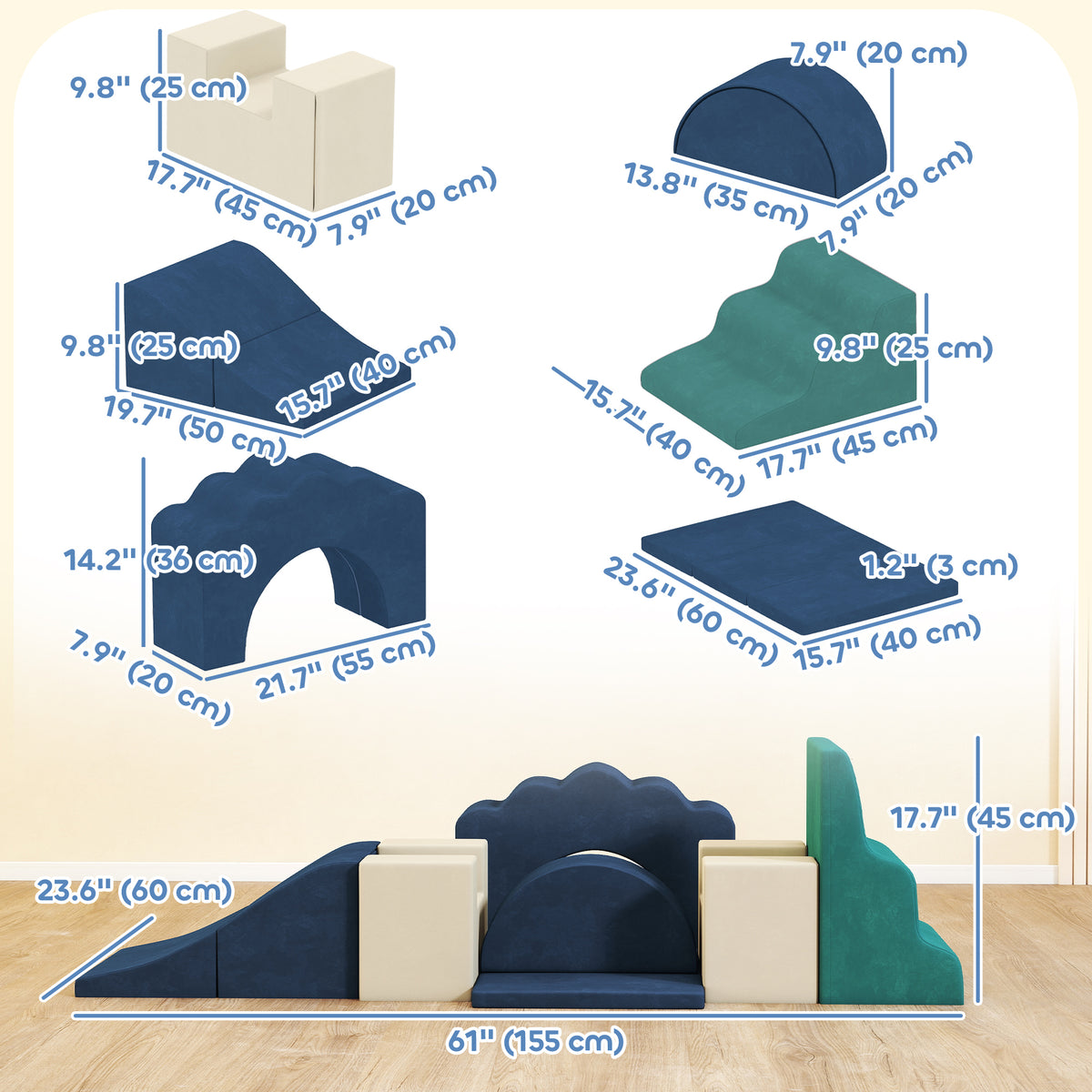 Qaba 7-Piece Baby Soft Play Set, Indoor Soft Play Gym Activity Play Set for Crawling, Sliding and Playing, Navy