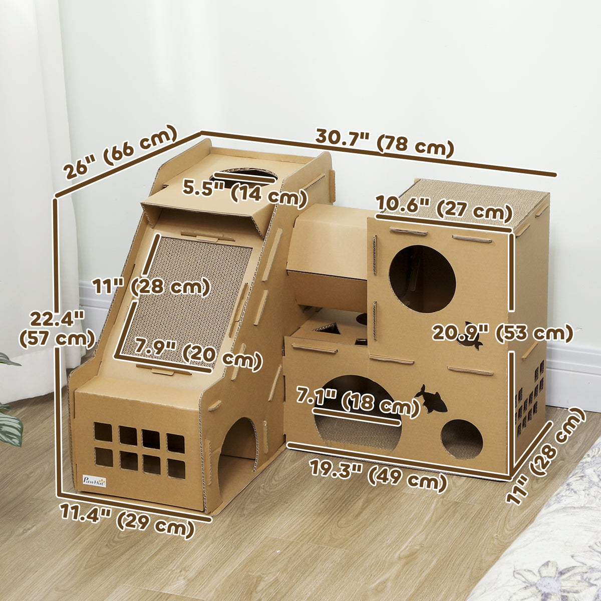 Multi-Level Cardboard Cat House, Corrugated Cardboard Play Condo with Scratching Pads for Indoor Kittens