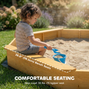 Qaba Wooden Kids Wooden Sandbox with Large Canopy, Outdoor Sand Box with 4 Bench Seats, Bottom Liner for Aged 3-8, Yellow