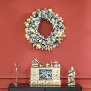 24" Christmas Front Door Wreath with Lights Flocked Christmas Wreath with Pine Cones and Berries for Windows Green