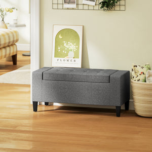 36" Storage Ottoman Bench, Linen-Look Fabric End of Bed Bench with Solid Wood Frame and Legs, Tufted Storage Chest, Footrest for Living Room, Bedroom, Entryway, Grey