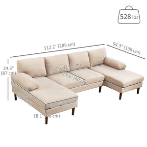 U Shape Couch with Double Chaise Lounge, Modern 4 Seater Sofa with Wooden Legs, Fabric Sofa for Living Room, Beige