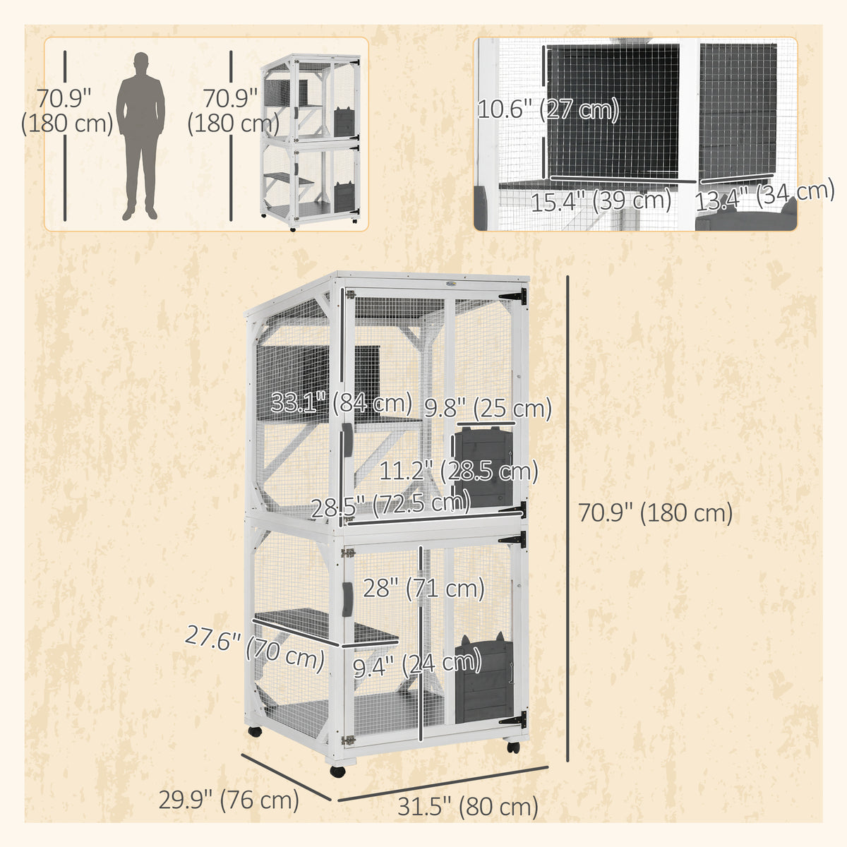 Catio Outdoor, Elevated Design, with Wheels, Resting Box, Water-Resistant, Multi Platforms, White & Grey