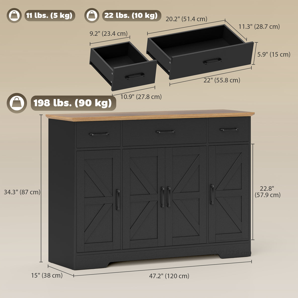 47" Buffet Cabinet with Soft-Close Hinges, Farmhouse Sideboard with 3 Drawers, Adjustable Shelves and Spice Racks, Black