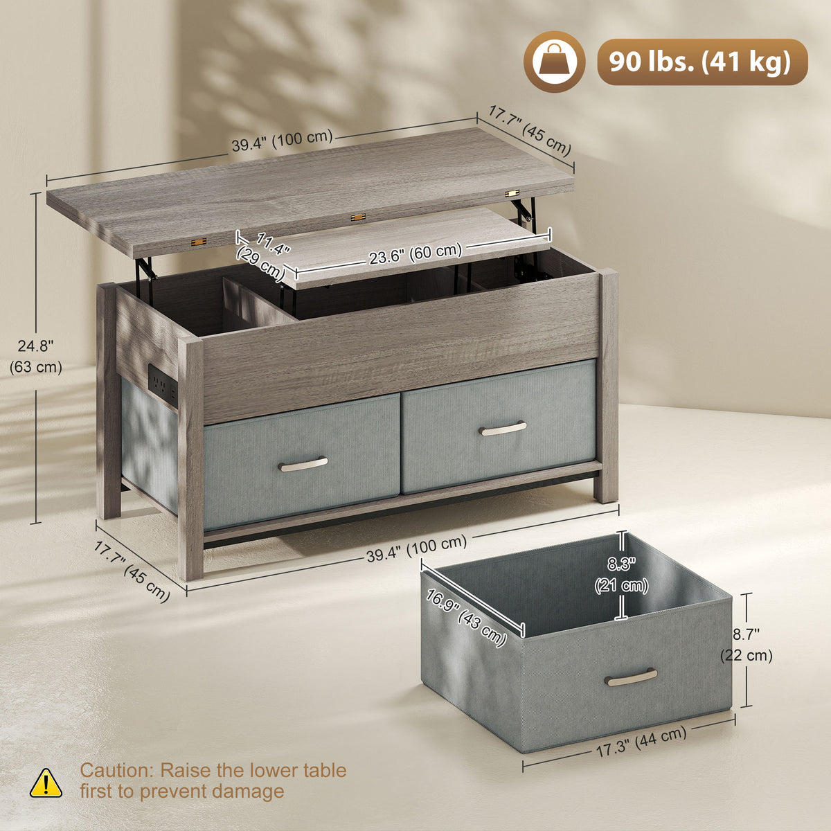 Lift Top Coffee Table, Center Table with 3 Hidden Compartments, 2 Fabric Drawers, Expandable Top and Charging Station