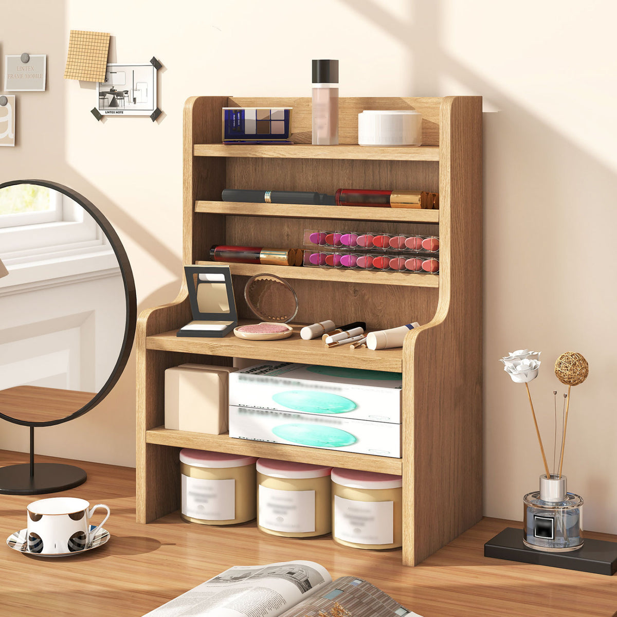 Desktop Organizer 6-Tier Mini Storage Rack with 2 Removable Shelves-Natural view 2