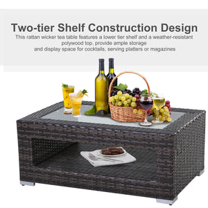 2-Tier Rattan Patio Coffee Table Wicker Patio Tea End Desk with Tempered Glass Top & Storage for Balcony, Backyard, Poolside