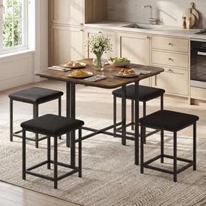 Dining Table Set with 4 Upholstered Stools and Metal Frame-Rustic Brown view 2