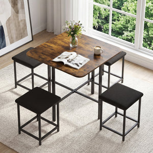 Dining Table Set with 4 Upholstered Stools and Metal Frame-Rustic Brown view 3