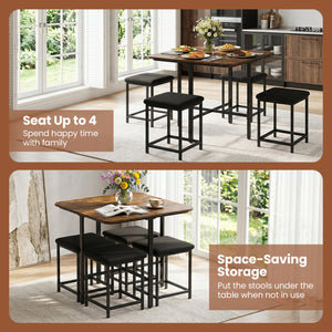 Dining Table Set with 4 Upholstered Stools and Metal Frame-Rustic Brown view 7