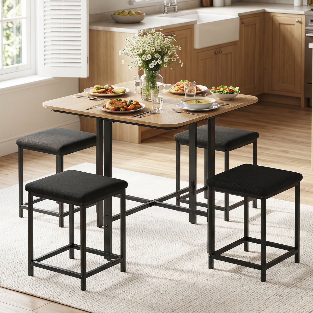 Dining Table Set with 4 Upholstered Stools and Metal Frame-Natural view 2