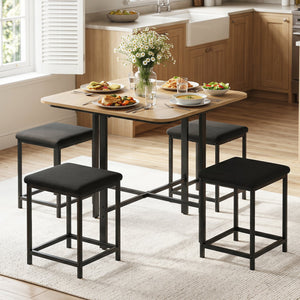 Dining Table Set with 4 Upholstered Stools and Metal Frame-Natural view 2
