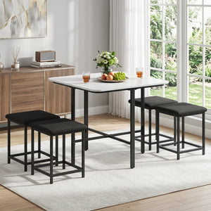 Dining Table Set with 4 Upholstered Stools and Metal Frame-White view 3