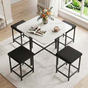 Dining Table Set with 4 Upholstered Stools and Metal Frame-White view 6