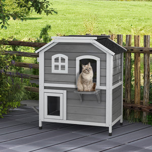2-Storey Outdoor Cat House, Wooden Catio with Openable Roof, Lounge Space, Fun Entrances, for Feral Cats, Grey
