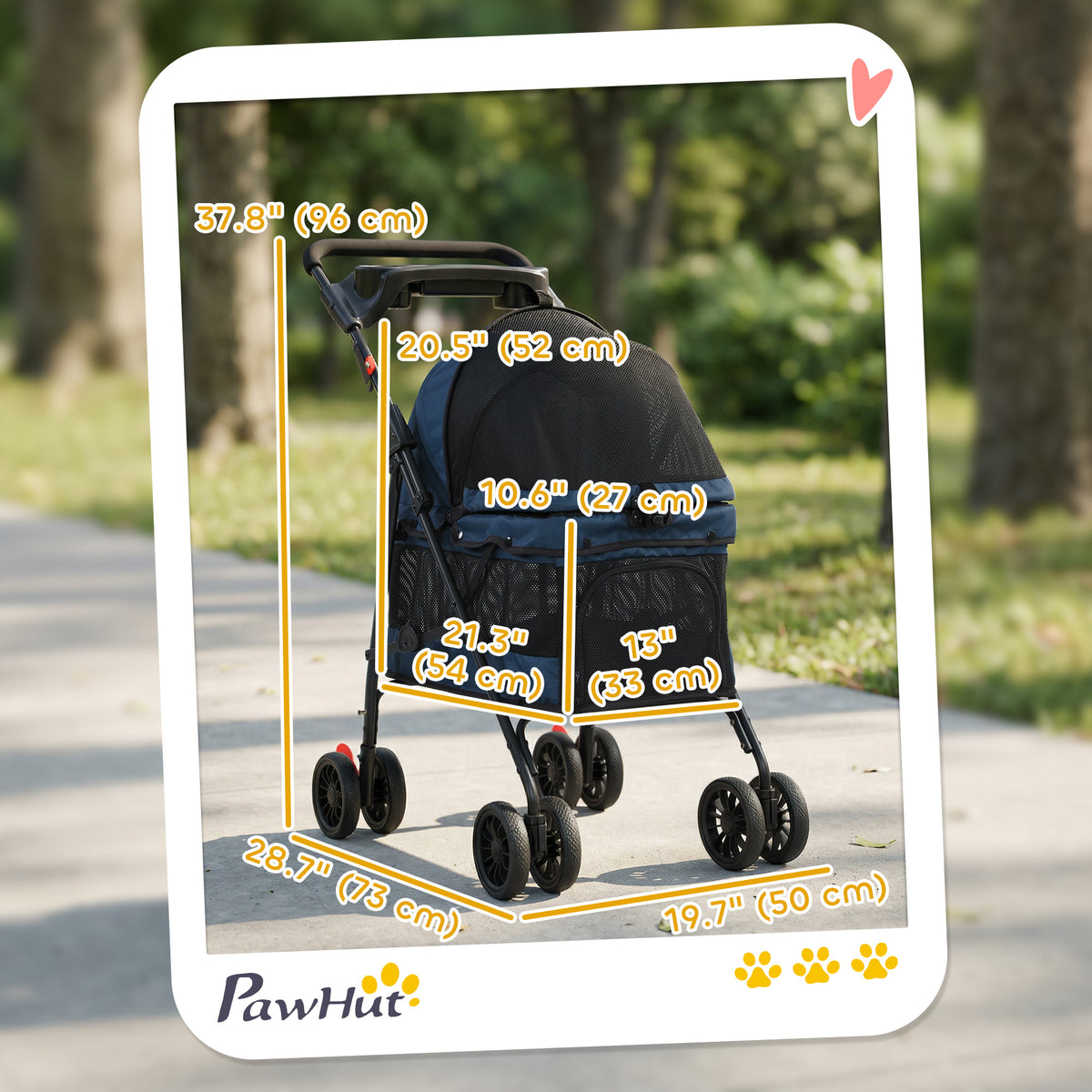 Foldable Pet Stroller for Small Dogs and Cats with 4 Wheels, Mesh Windows, Brake, Removable Pad, Storage Tray, Dark Blue