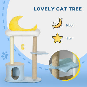 Moon Cat Tower for Indoor Cats with Teddy Fleece House Bed Scratching Post Hanging Toy Star Platform 41" Blue