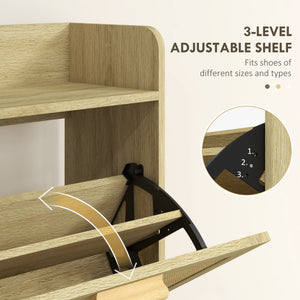 Slim Shoe Storage with 2 Flip Drawers and Adjustable Shelves, Rattan Shoe Cabinet Organizer for 12 Pair, Oak