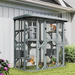 Catio Outdoor Cat Enclosure, 71" Wooden Cat House with Platforms, Condos and Waterproof Cover for 2–3 Kittens, Grey