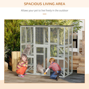 Large Outdoor Catio Enclosure, Weatherproof Cat House with Asphalt Roof, Wooden Cat Patio Cage with 6 Balanced Platforms, 71" x 39" x 71", Grey
