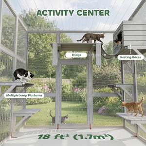 Large Outdoor Catio with Weatherproof Roof, Bridge, Resting Box, Platforms, Grey – view 18