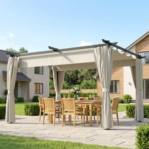 10' x 13' Pergola with Retractable Canopy and Curtains, UPF30+ Sun Shade Shelter for Grill, Garden, Backyard, Deck