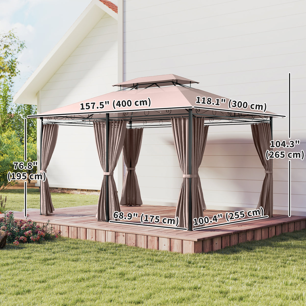 10' x 13' Patio Gazebo, Outdoor 2-Tiers Garden Canopy Yard Sunshade Shelter with Curtains, Khaki – view 2