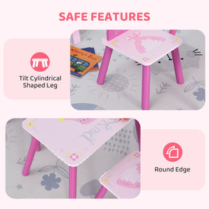 Qaba 3-Piece Set Kids Wooden Table Chair with Crown Pattern Easy to Clean Gift for Girls Toddlers Age 2-4 Years Old Pink
