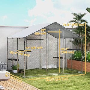 Large Catio Outdoor Cat Enclosure with Waterproof Cover, Walk-in Cat Patio w/ 5 Adjustable Platforms & Hammock 79" W