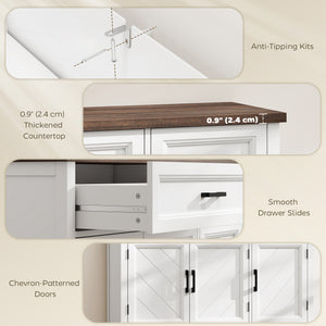 Sideboard Buffet Cabinet, 44" Farmhouse Kitchen Cabinet with 3 Chevron Doors, 2 Drawers and 2 Adjustable Shelves, White