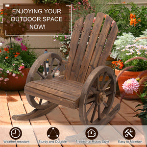 Patio Wooden Rocking Chair, Wagon Outdoor Rocker Chair with Slatted Design and Wheel Armrests for Garden, Carbonized