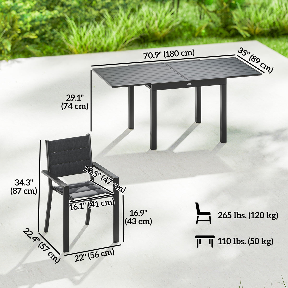 Patio Dining Set for 6, Aluminum Expandable Outdoor Table and 6 Stackable Chairs with Padded Back – view 2